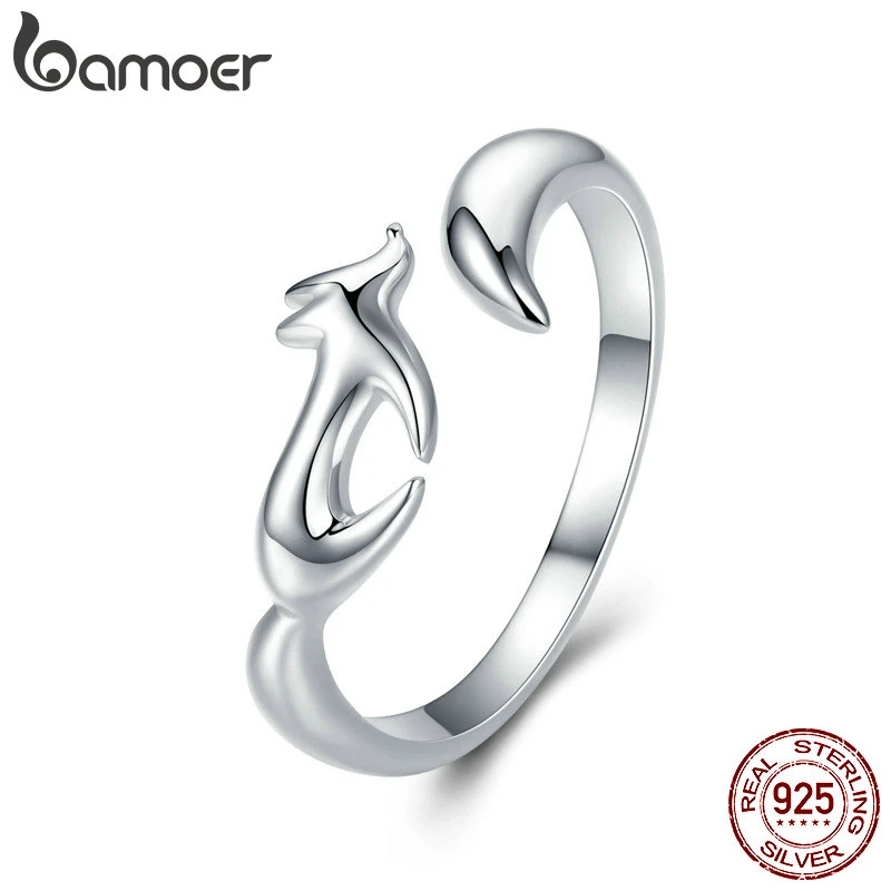 BAMOER 925 Sterling Silver Animal Fox Adjustable Finger Rings for Women Open Size Fox Tail Ring Sterling Silver Jewelry SCR478