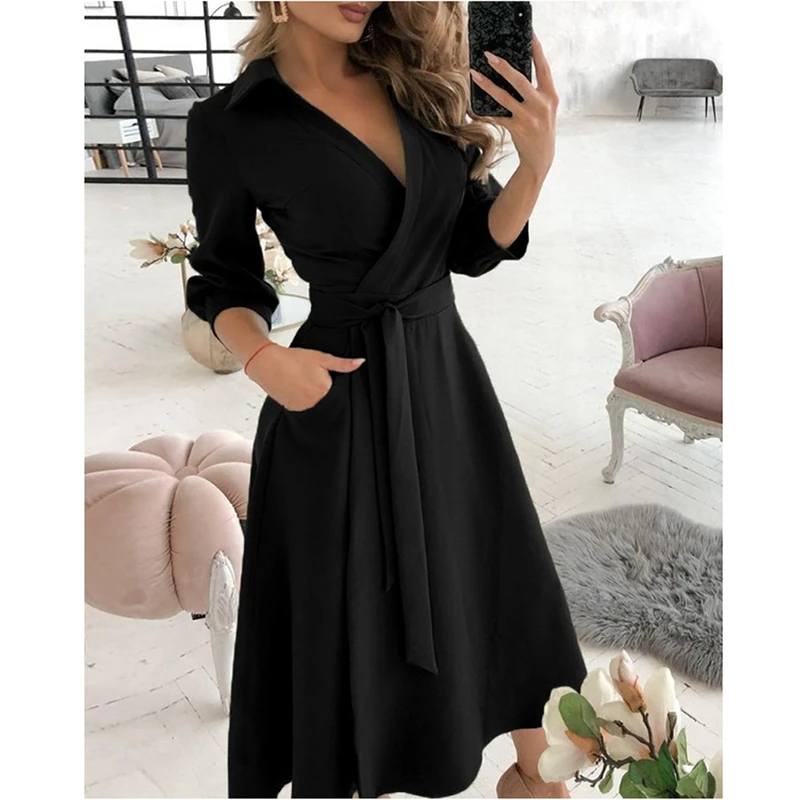 2021 Solid Color Women Shirt Dress Elegant Fashion Long Lady Dresses Autumn Casual Oversized Cardigan Girl Vestidos V Neck Tunic