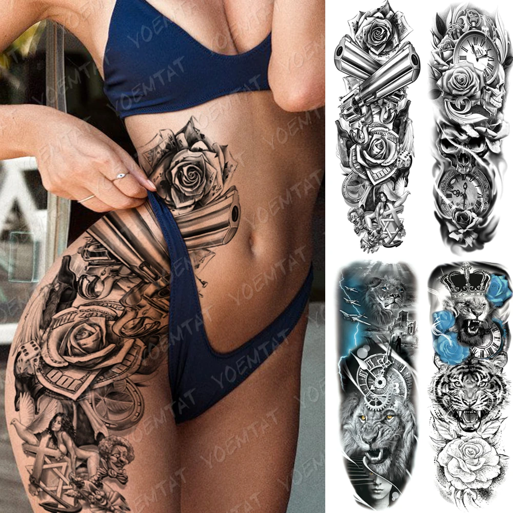 Large Arm Sleeve Tattoo Gun Rose Lion Waterproof Temporary Tatto Sticker Clock Flower Waist Leg Body Art Full Fake Tatoo Women