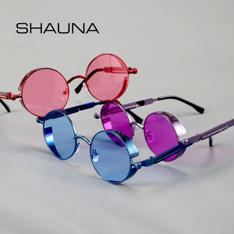 SHAUNA Classic Spring Punk Sunglasses Retro Metal Steampunk Round Shades UV400