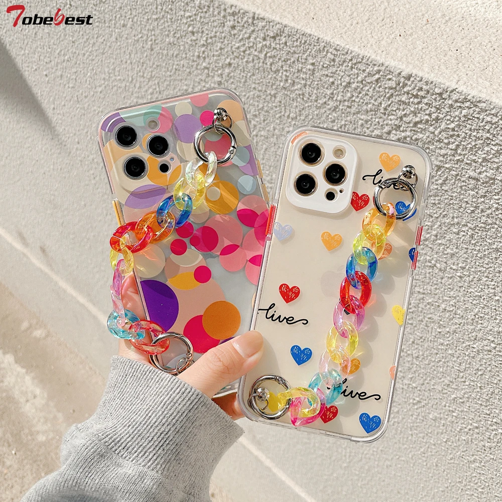 Tobebest Love Heart Bracelet Phone Cases for iphone 13 12 pro max 11 promax X XS XR 7 8 Plus SE 2020 Colorful Chain Soft Cover