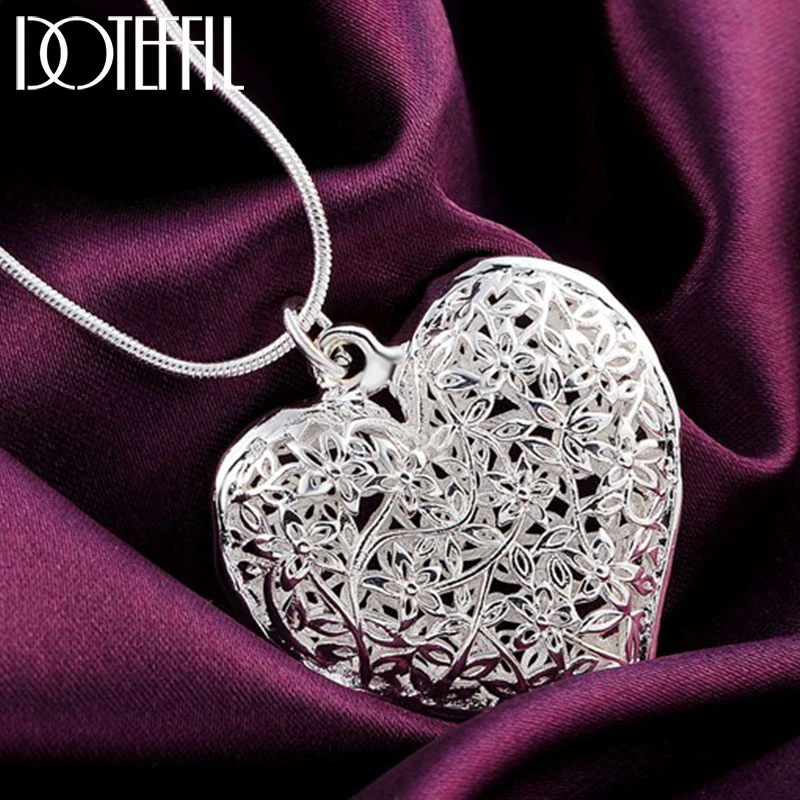 DOTEFFIL 925 Sterling Silver 18 Inch Carved Heart Pendant Snake Chain Necklace For Women Fashion Wedding Party Charm Jewelry