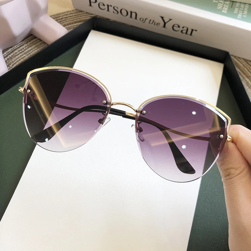 High Quality women's Oval Cat Eye Sunglasses Lady Metal Rimless shades Luxury Sunglasses Female Driving Glasses zonnebril dames