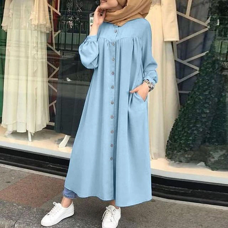 Muslim Dress 2021 Woman hijab Shirt Dress Long Sleeve Maxi Vestidos Female Button Robe femme musulman High Wasit Solid Sundress