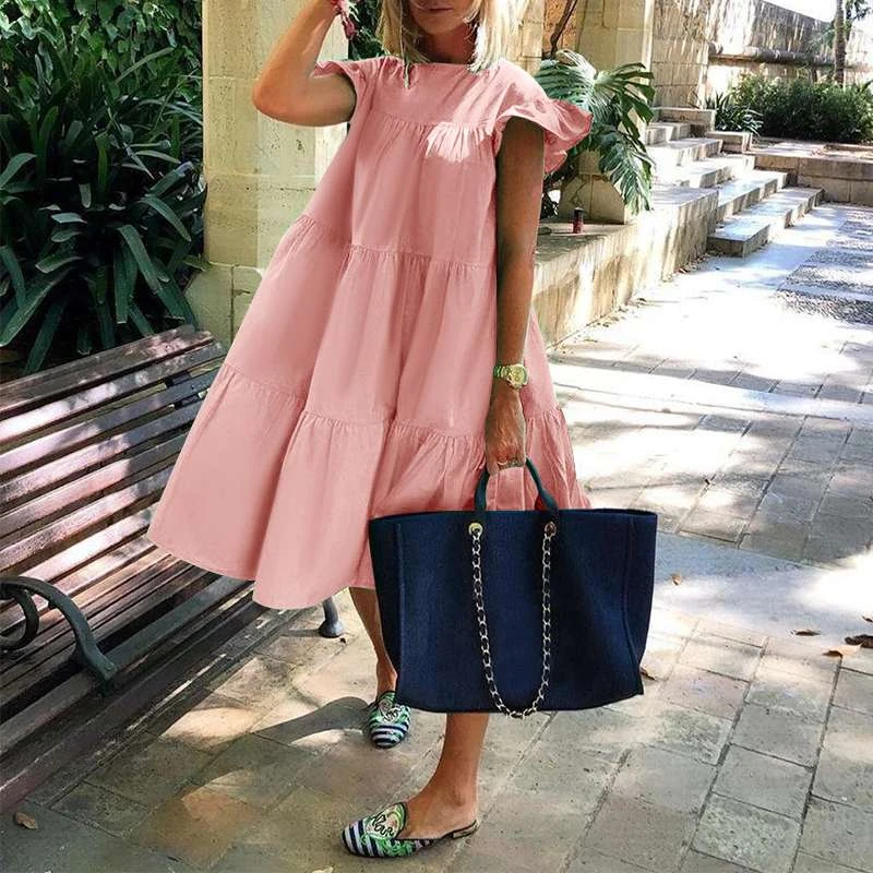 Women Summer Dress 2021 Casual Loose Short Sleeve Party Dresses Sweet O Neck Ruffled A Line Female Robe Dress Plus Size Vestidos