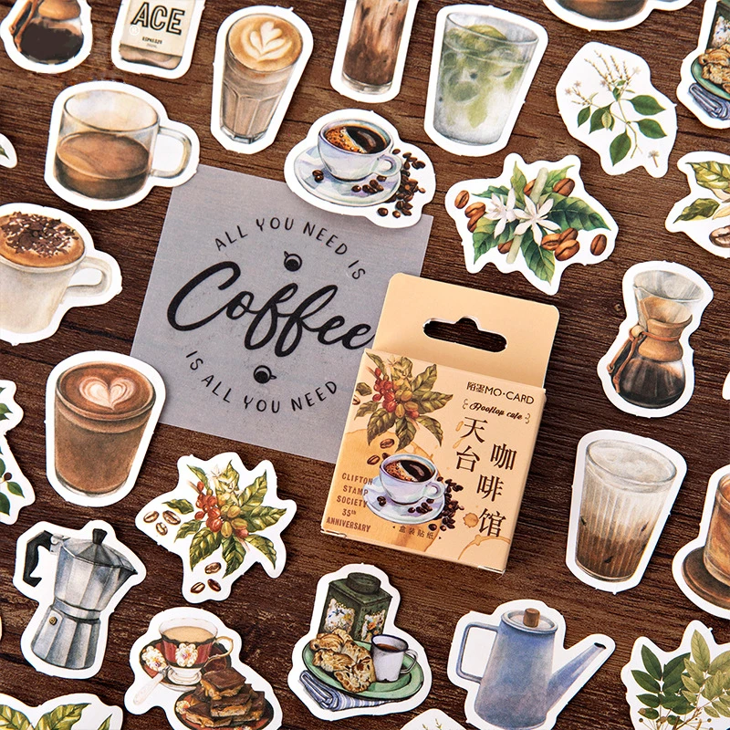 Mohamm 46Pcs Coffee Shop Decorative Sticker Books Scrapbooking DIY Note Paper Sticker Flakes Stationary Accessories Art Supplies