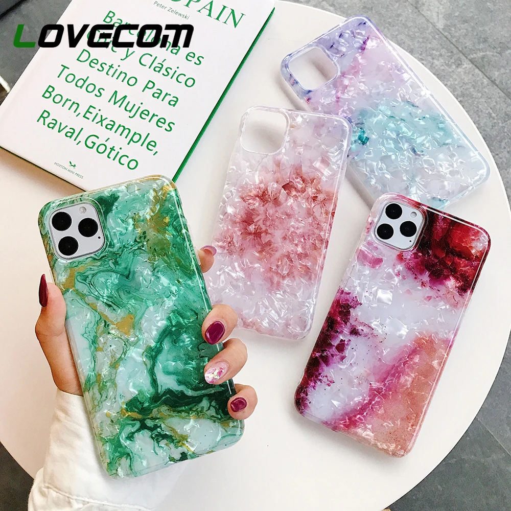 LOVECOM Phone Case For iPhone 13 12 11 Pro Max XR XS Max 7 8 Plus X Dream Conch Glossy Marble Soft IMD Full Body Back Cover Gift