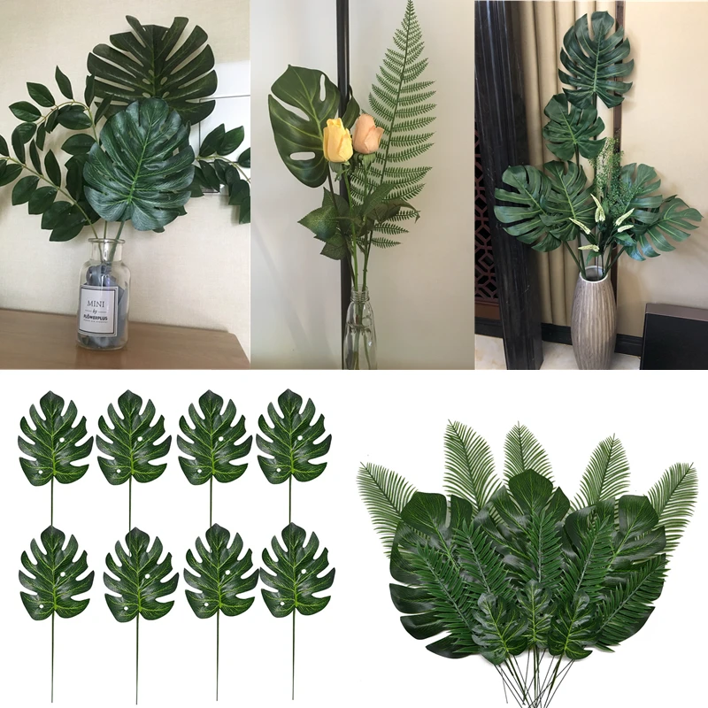 10-20 Pcs Artificial Plants Tropical Monstera Palm Leaves Simulation Leaf For Hawaiian Theme Party Decor Home Garden Fake Leaves