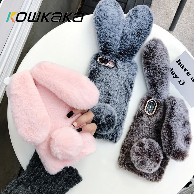 Kowkaka Cute Rabbit Ears Fur Plush Phone Shell For iPhone 13 12 Mini 11 Pro Max XS Max XR X SE 2020 6S 7 8 Plus Warm Plush Case