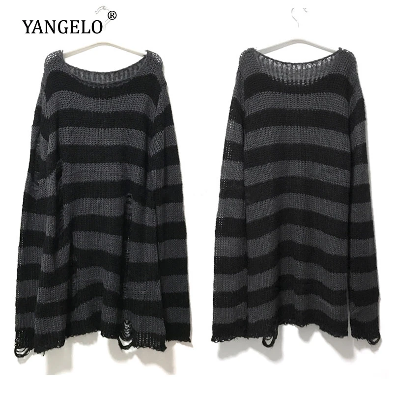 Punk Gothic Long Unisex Sweater 2020 Summer Women Striped Cool Hollow Out Hole Broken Jumper Loose Rock Thin Dark Streetwear Top