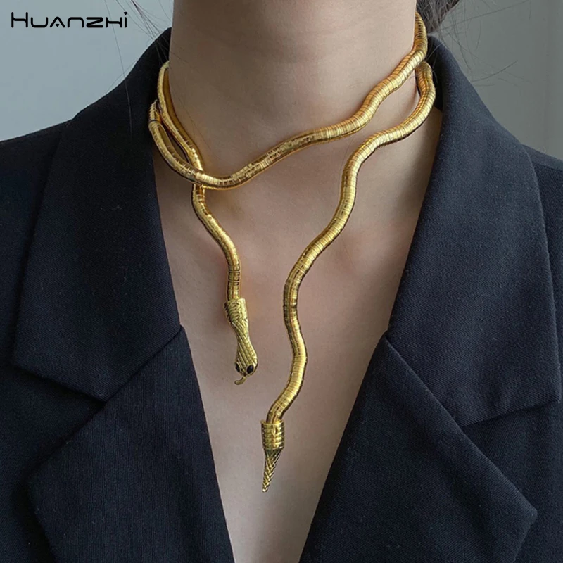 HUANZHI 2020 New Punk Cool Bendy Multilayer Metal Alloy Gold Black Color Snake Necklace and Bracelet for Women and Men Jewelry