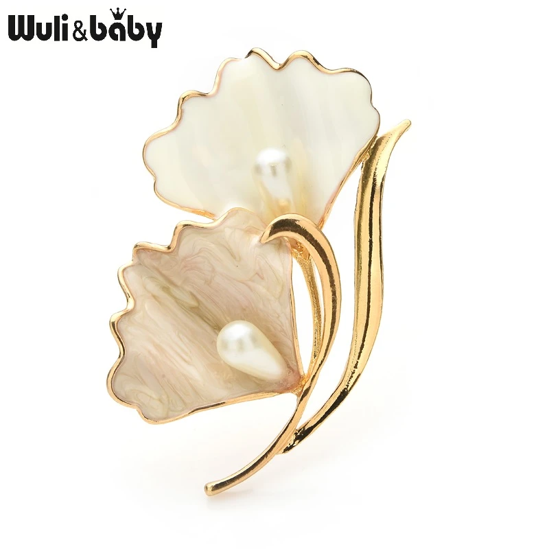Wuli&baby Enamel White Leaves Brooches Women Men Pearl Flower Party Office Casual Brooch Pins Gifts