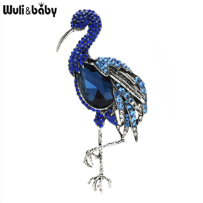 Wuli&baby Big Blue Crystal Flamingo Bird Brooch Pins Women Fashion Jewelry Rhinestone Brooches Gift