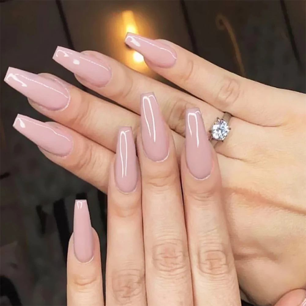 20Pcs Nude Color Glossy Full Cover Fake Nails Wearable Long Ballerina Press on Coffin Art Tips False with Glue Design False Nail