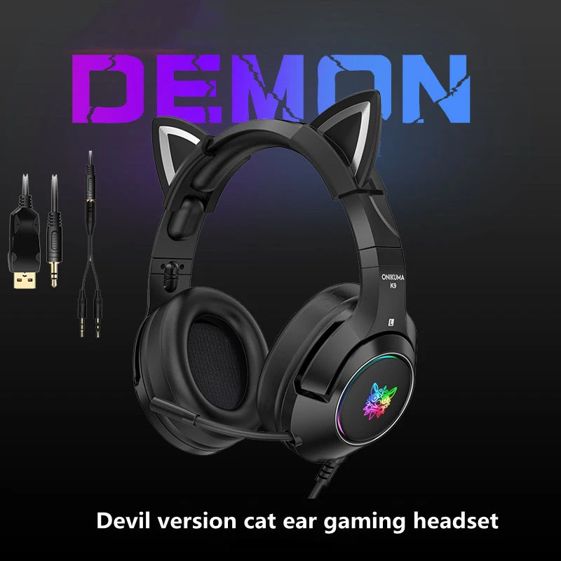 New K9 black demon version cat ear gaming headphones with mic RGB luminous mobile phone computer noise reduction headset