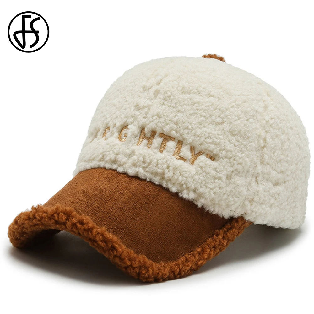 FS 2021 Brown White Lambswool Winter Cap For Women Wool Teddy Baseball Caps Warm Plus Velvet Stylish Men Hats Gorras Hombre