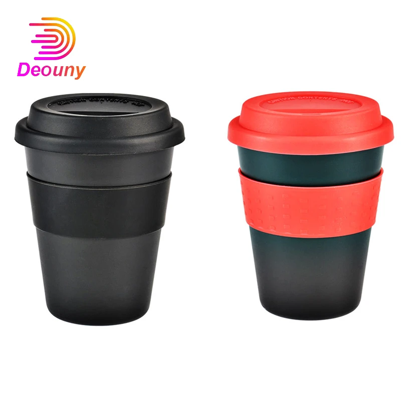 DEOUNY New 400ml Travel Mug With Silicone Lid Reusable Heat Insulated Tea Coffee Cup PP Plastic Anti-fall With Non-slip Sleeve