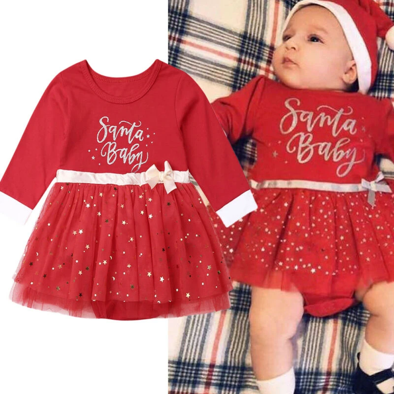 New Christmas Newborn Infant Baby Girls Red Dress Bow Sequins Tutu Party Dress For Baby Girl Long Sleeve Xmas Costumes