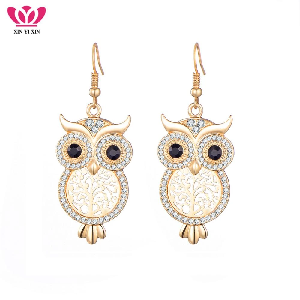 Vintage Crystal Owl Dangle Earrings For Women Gold Color Hollow Tree Owl Drop Earrings Femme Pendiente Fashion Jewelry Dropship
