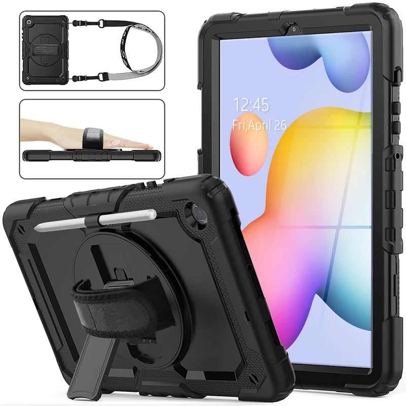 360 Rotation Hand Strap&Kickstand Silicone Tablet Case for Samsung Galaxy Tab S6 Lite 10.4 Case 2020 P610 P615 Protective Cover