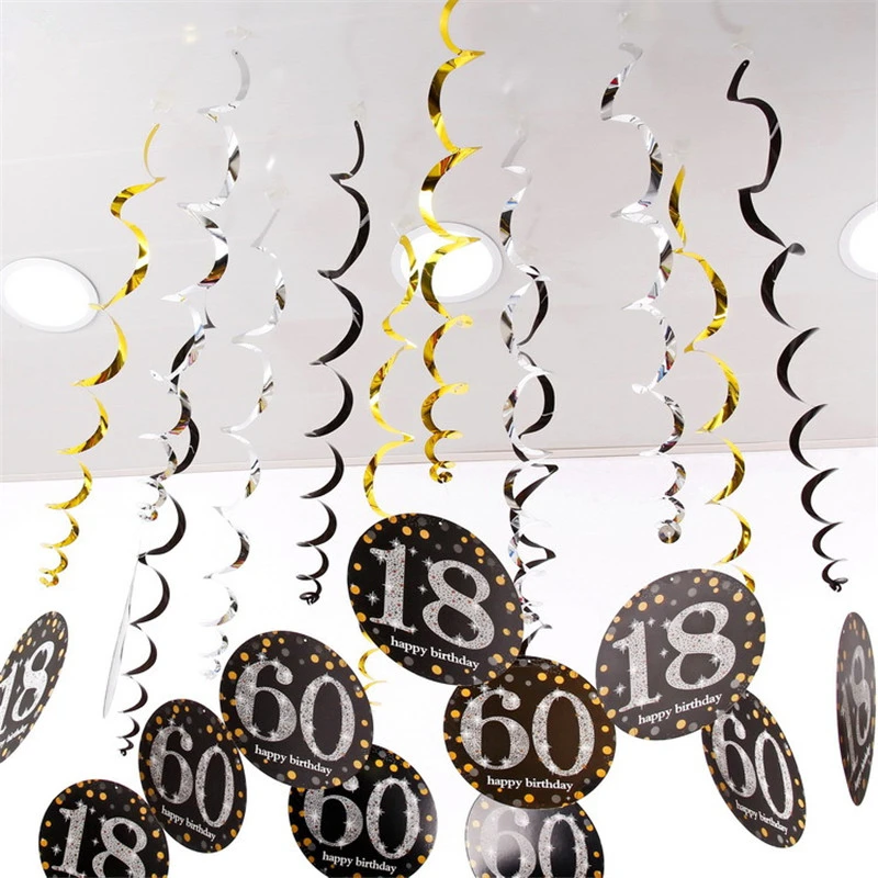 6pcs PVC Spiral Happy Birthday Swirl 18 21 30 40 50 60 70 Years Old Hanging Ornaments Birthday Party Decorations Birthday Decor