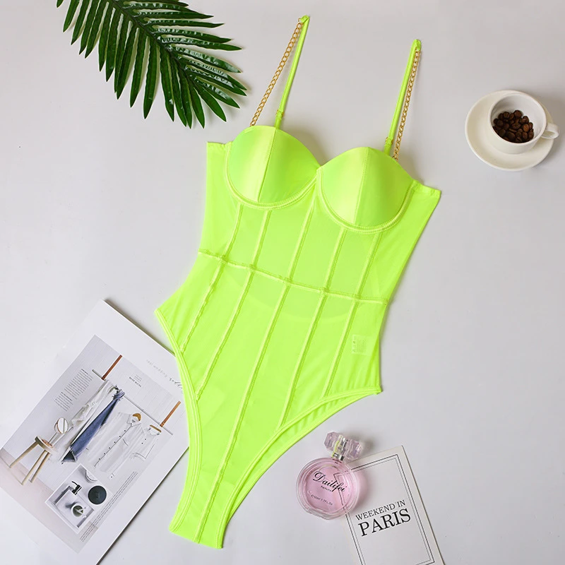 Neon Green Mesh Transparent BodySuit Sexy Women's Backless Striped Sleeveless Overalls Party Fashion Spaghelti Strap Rompers New