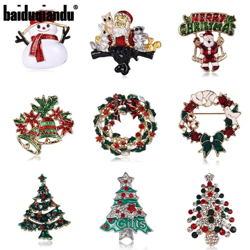 baiduqiandu Enamel Snowman Santa Tree Jingle Bell Boots Pins and Brooches Charm Crystal Christmas Gift