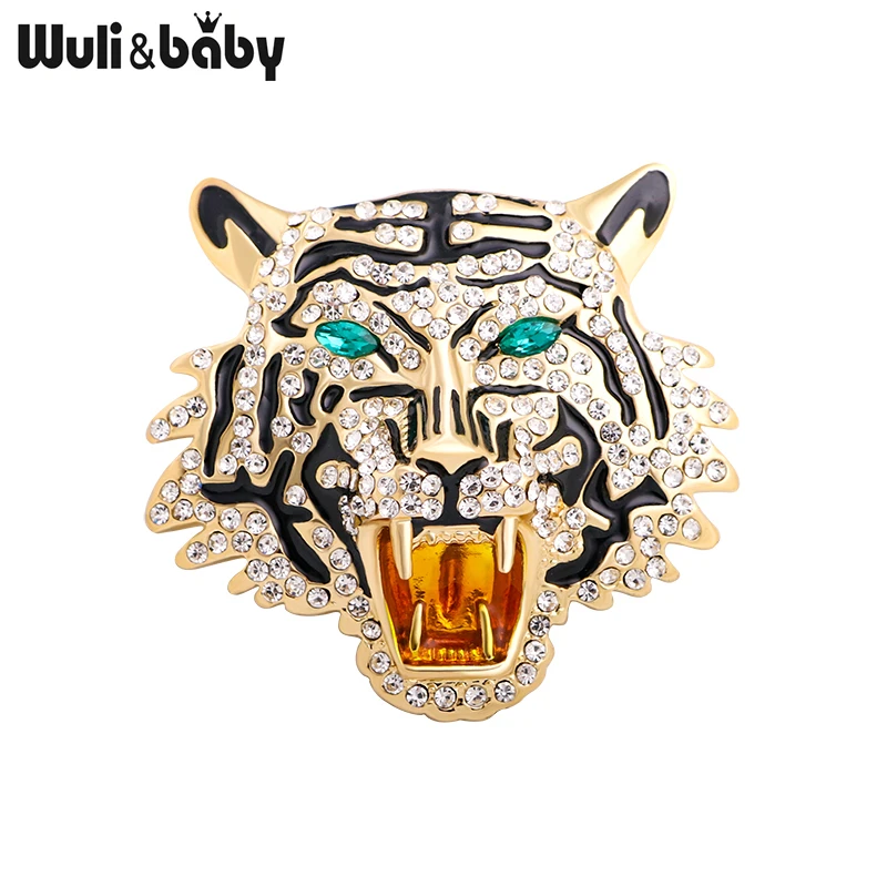 Wuli&baby Rhinestone Roaring Tiger Brooches Women Men Big Tiger Head Party Casual Brooch Pins Gifts
