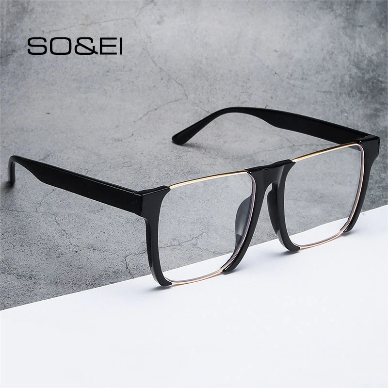 SO&EI Vintage Square Semi-Metal Women Glasses Frame Clear Lens Optical Eyewear Men Anti-Blue Light Glasses With Logo