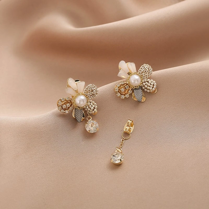 2021 New Trend Temperament Shiny Crystal Flowers Drop Earrings Long Fresh Multilayer Fashion Pearl Women Earrings Jewelry