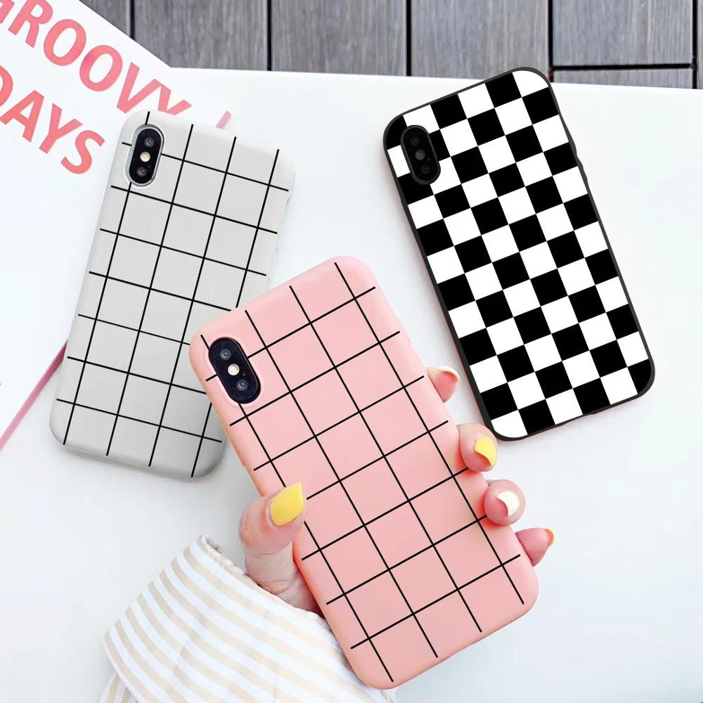 Cartoon grid Phone Case Coque For iPhone 6S 7 8 Plus XR X XS MAX Classic Plaid Black Phone Cover For iPhone 12 11 Pro MAX SE2020