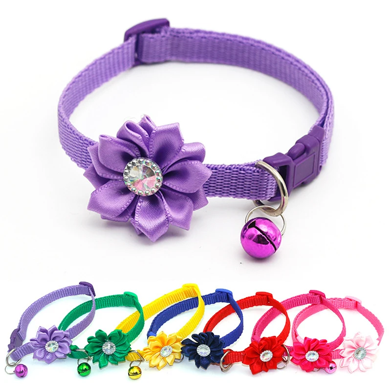 Adjustable Pet Collar Flower Bell Crystal Dog Cat Collar Easy Wear Buckle Lovely Pets Decor Accessories Dogs Cats Necklace