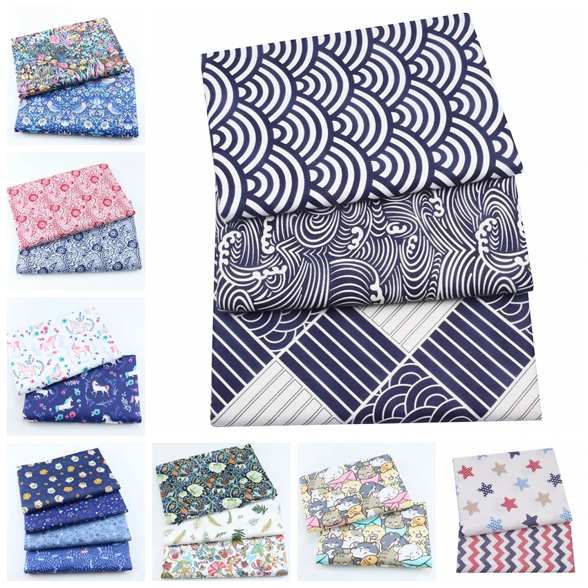Japanese Wave Pattern Twill 100% Cotton Fabric, Sewing Quilt Fabric Crafts For Handmade Sheet Pillowcase Patchwork Cloth