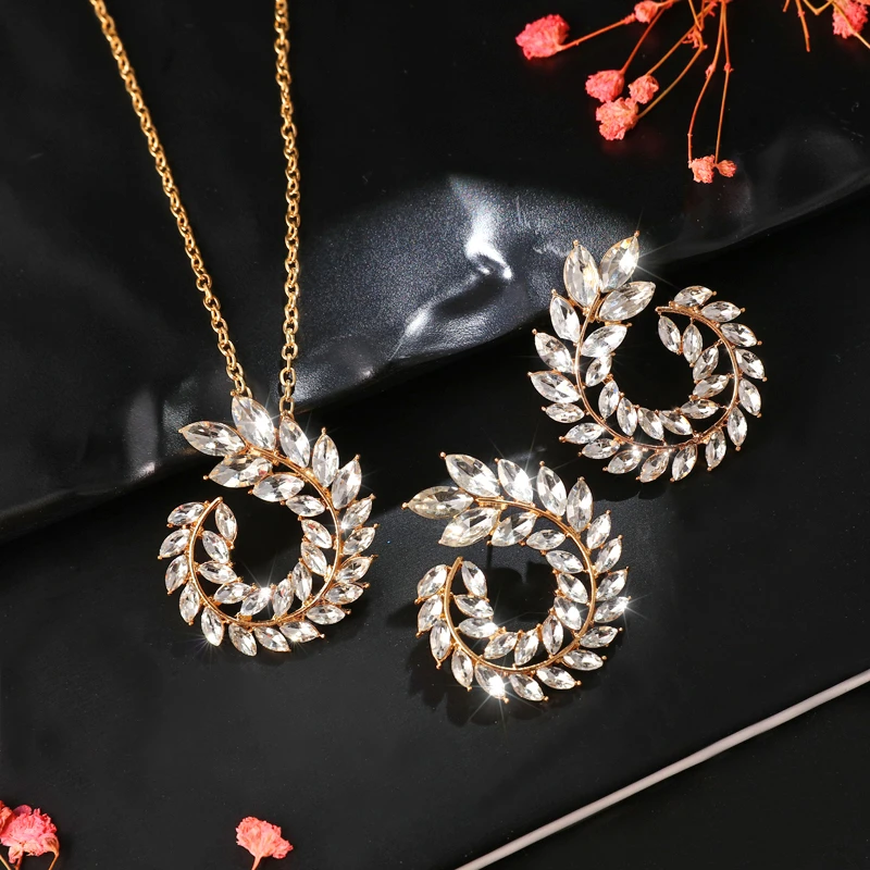Fashion Bohemian Rhinestone Gold Color Leaf Earring&Necklace Set for Women New Trend Statement Bridal Cubic Zirconia Jewelry Set