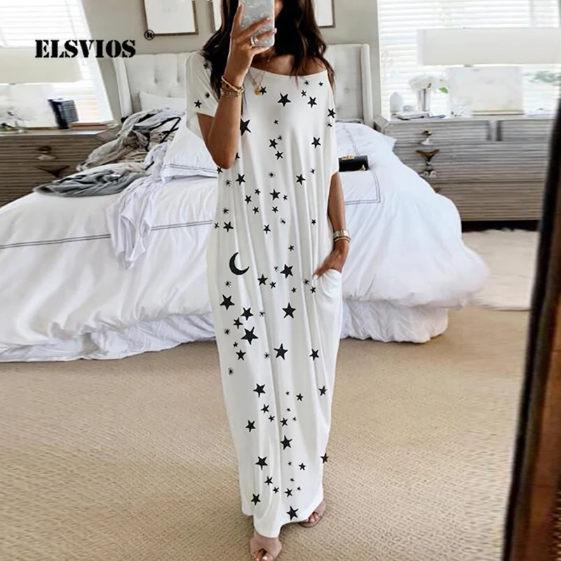 2020 New Women Dresses Loose Off Shoulder Short Sleeve Long Dress Moon Star Printing Elegant Female Spring Summer Dress Vestidos