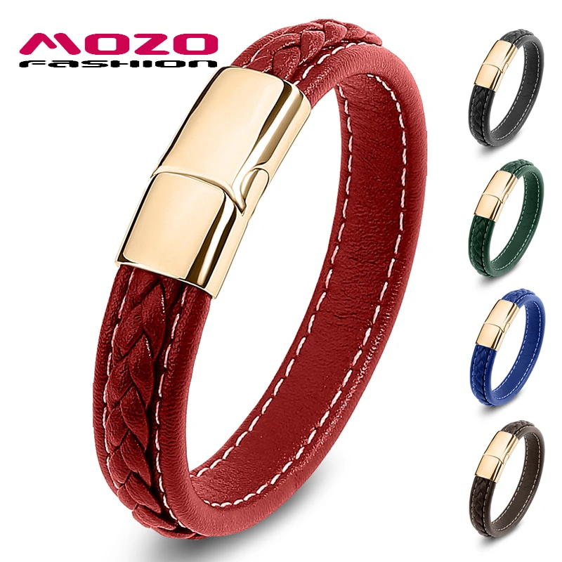MOZO FASHION Retro Men Jewelry Braided Leather Women Handmade High Quality Bracelet Trendy Stainless Steel Clasp Wrist Band 010