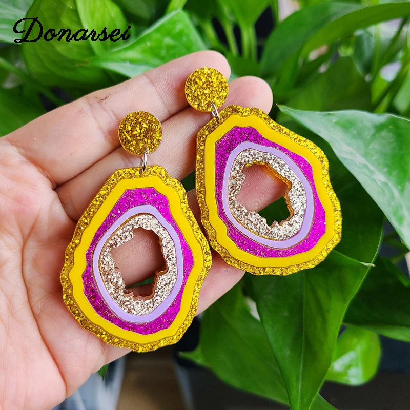 Donarsei 2021 New Fashion Hit Color Hollow Smudged Rock Texture Drop Earrings For Women Irregular Shape Dangle Earrings