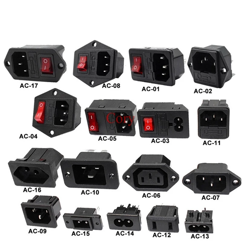 1Pc IEC320 C14 Electrical AC Power Socket 3 pin red LED 250V Rocker Switch 10A fuse female male inlet connector 2pin socket CZYC