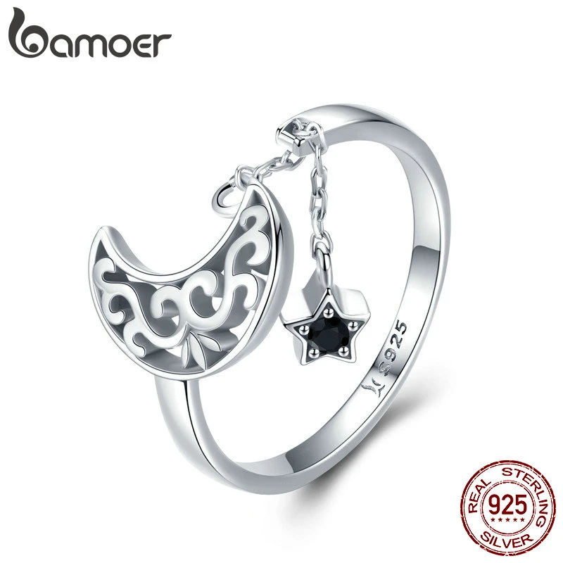 BAMOER Genuine 925 Sterling Silver Moon And Star Long Chain Star Adjustable Finger Ring for Women Sterling Silver Jewelry SCR479