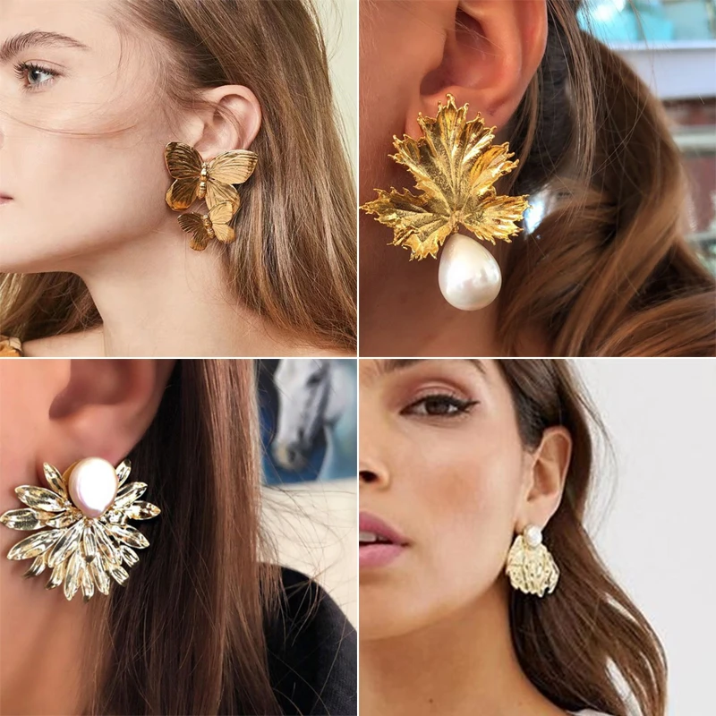 Tocona Charming Gold Maple Leaf Butterfly Big Geometric Dangle Earrings for Women Jewelry Fashion Statement Pearl Earrings