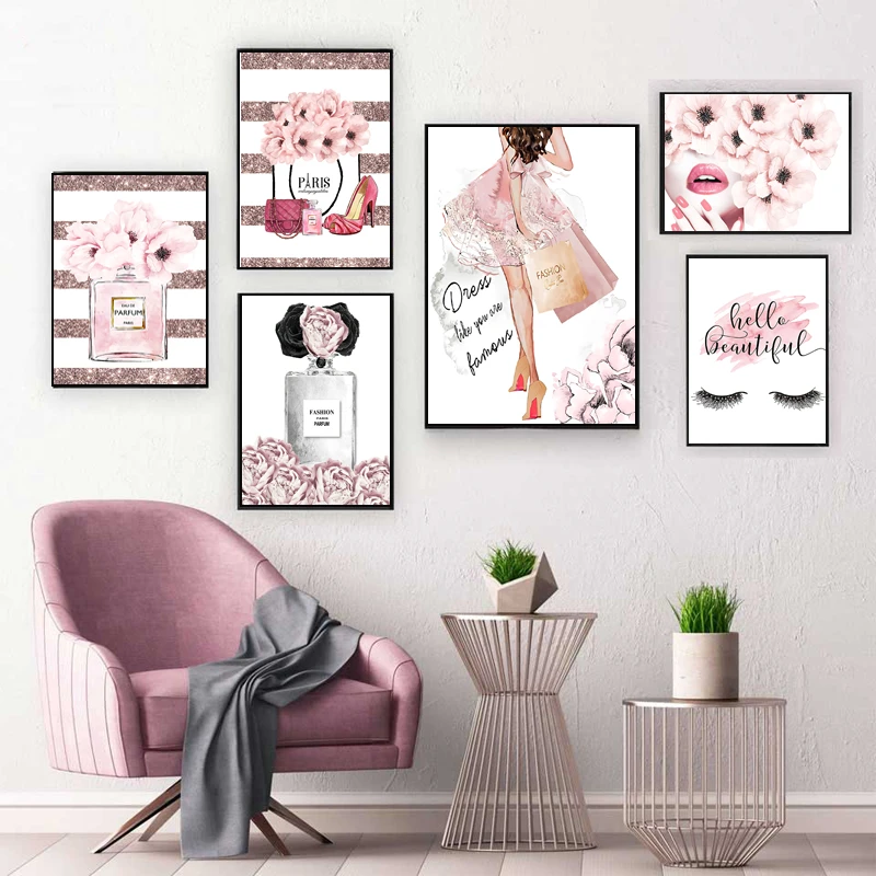 Fashion Pink Girl Room Decoration Poster Perfume Eyelash Lip High Heels Print Art Painting Wall Print Picture For Beauty Shop