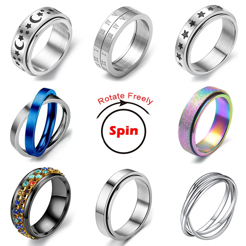 Rotate Freely Spinning Stainless Steel Anxiety Ring For Women Moon Star Chain Spinner Fidgets Ring Anti Stress Men 2021 Rotating