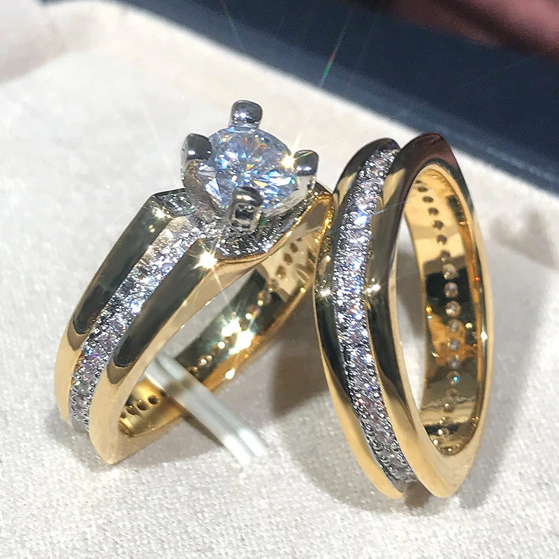 Huitan 2Pcs Bridal Set Ring Luxury Gold Color Geometric Shape Wedding Jewelry Women Micro Pave CZ Lady Proposal Engagement Rings