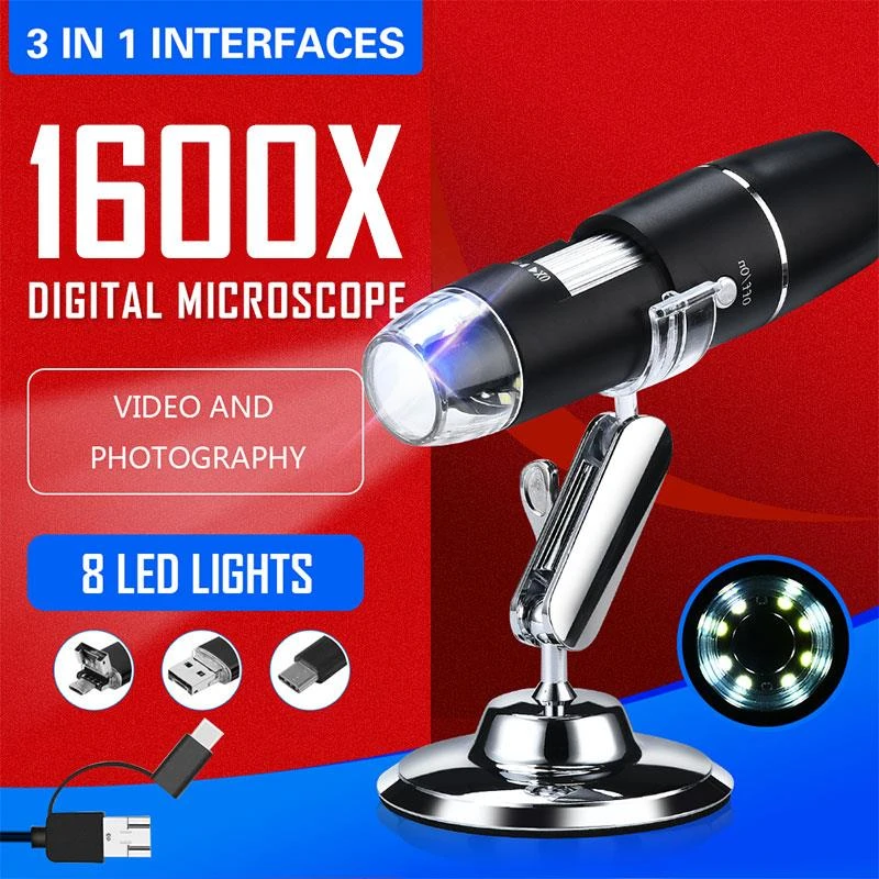 Microscope 8 LED 500-1600X  Handheld Portable Digital Microscope USB Interface Electron Microscopes with 8 LEDs with Bracket