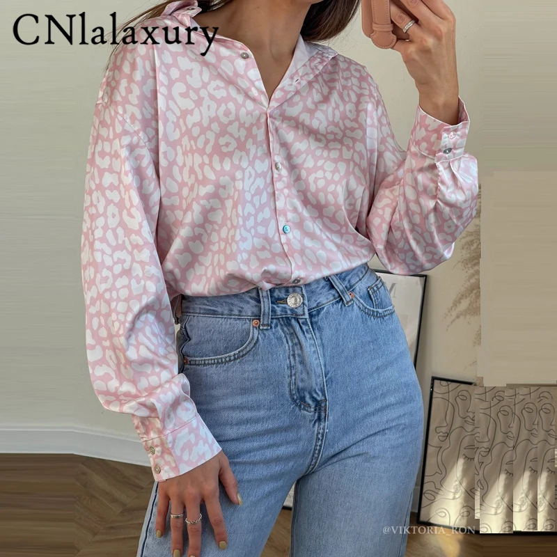CNlalaxury 2021 New Fashion Leopard Satin Print Loose Blouses Women Vintage Long Sleeve Button-up Female Shirts Blusas Chic Tops