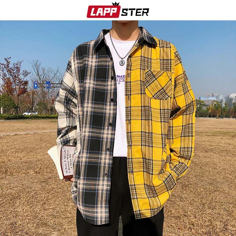 LAPPSTER Men Oversized Cotton Plaid Shirt 2021 Man Hip Hop Patchwork Button Up Long Sleeve Shirt Couple Korean Harajuku Clothing