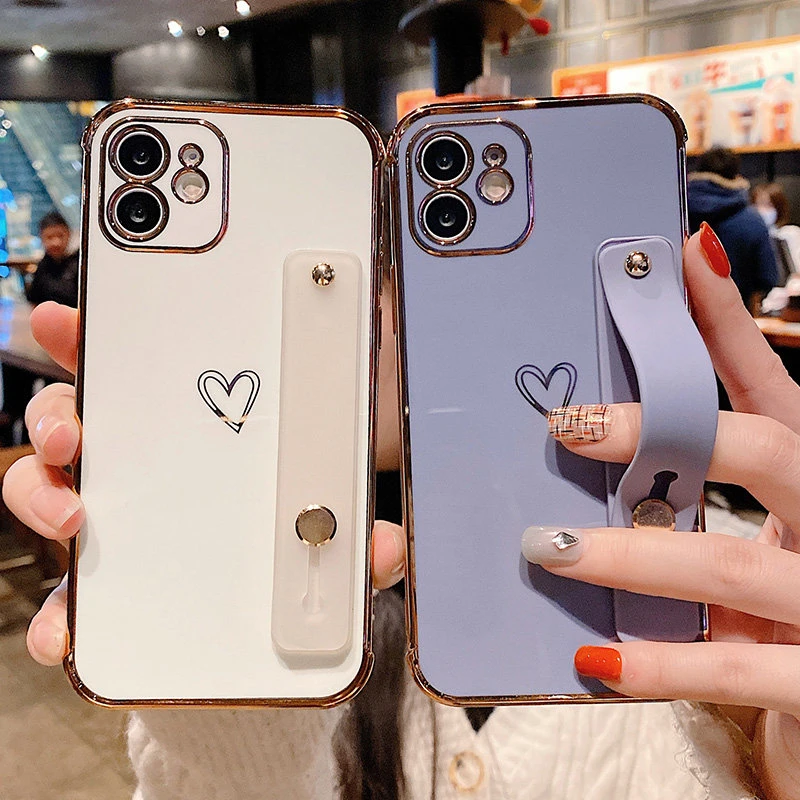 Wrist Strap Plating Love Heart Phone Case For iPhone 12Pro Max 13 12 11 Pro Max XR XS Max X 7 8 Plus 12 13 Shockproof Back Cover