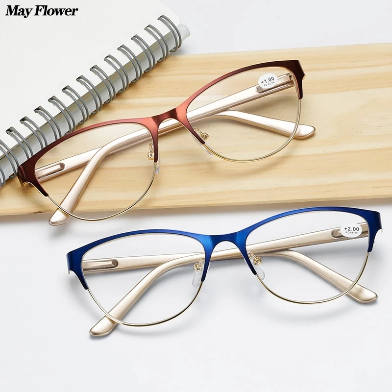 May Flower Cat Eye Reading Glasses Fashion Women's Cat Glasses With Diopters Lady's Metal Optical Eyeglasses Round Glasses Frame