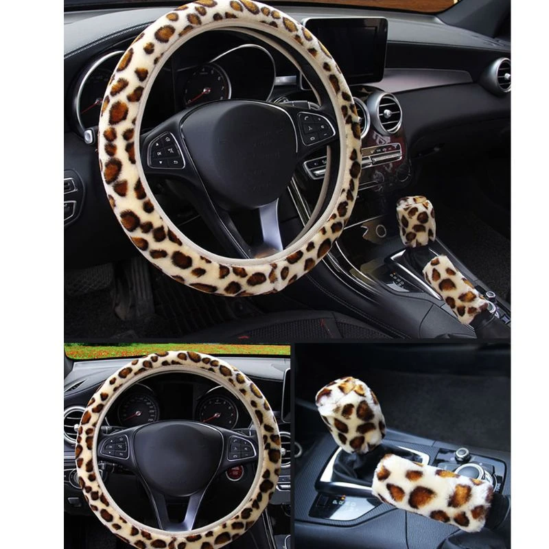3Pcs/set Fashion Leopard Printed Steering Wheel Cover Hand Brake Gear Protective Cap for Car Auto Accessories