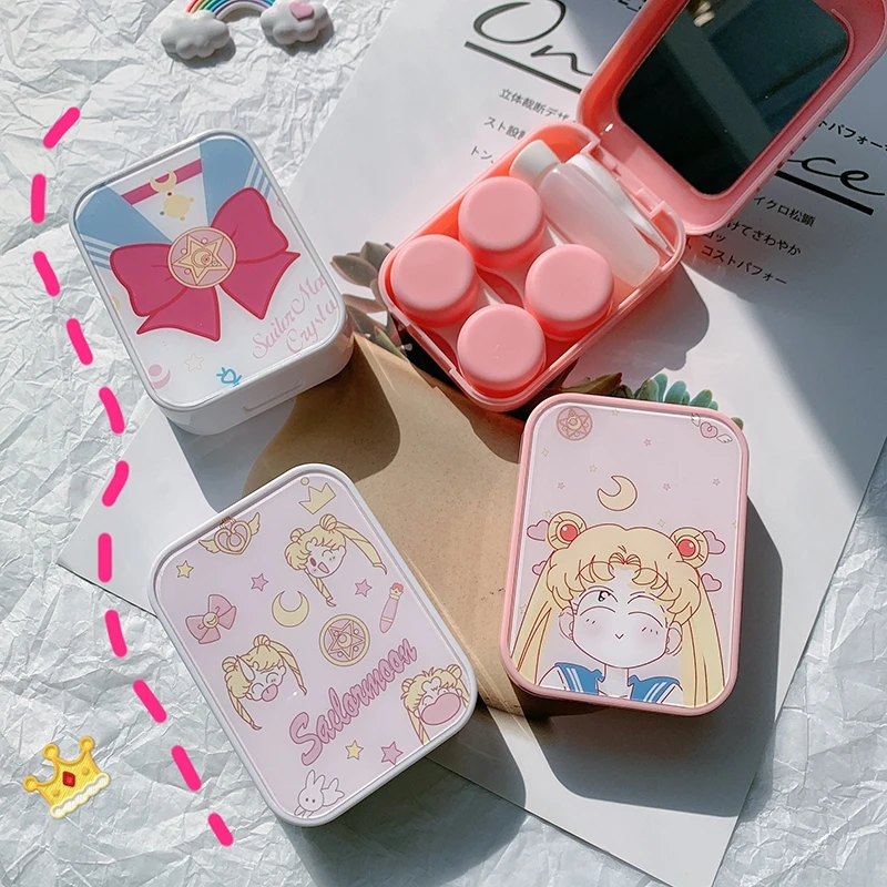 Japanese Pink Series Contact Lens Case Box With Mirror Cartoon Colored Lens Container Portable Travel Set Lenses Storage Gift